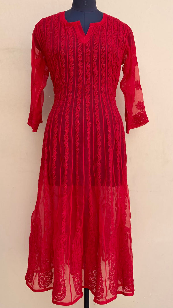 Lucknowi Chikankari Anarkali Kurti Red Georgette