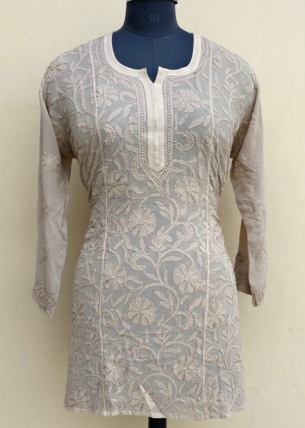 Lucknowi Chikankari Short Kurti Gray Pure Georgette With Resham Work