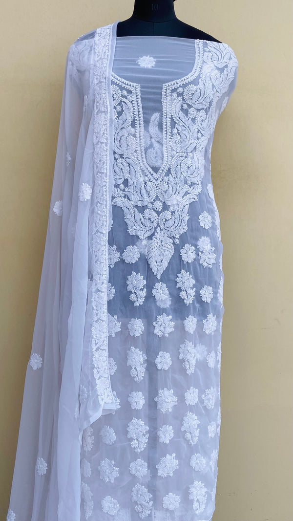 Lucknowi Chikankari Suit Length 3 Piece White Georgette