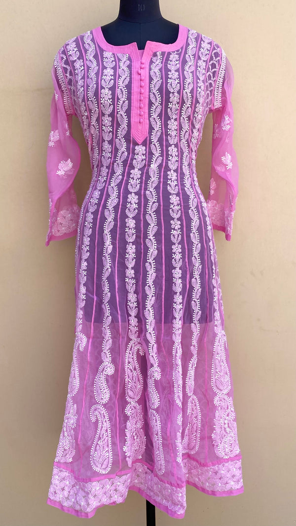 Lucknowi Chikankari Anarkali Kurti Pink Georgette