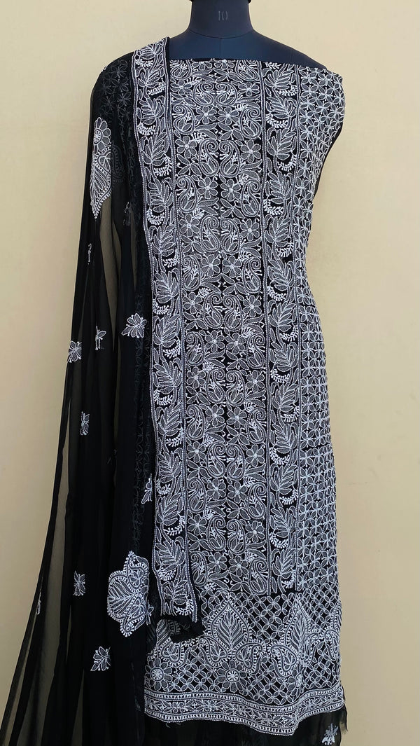 Lucknowi Chikankari Suit Length 3 Piece Black Georgette