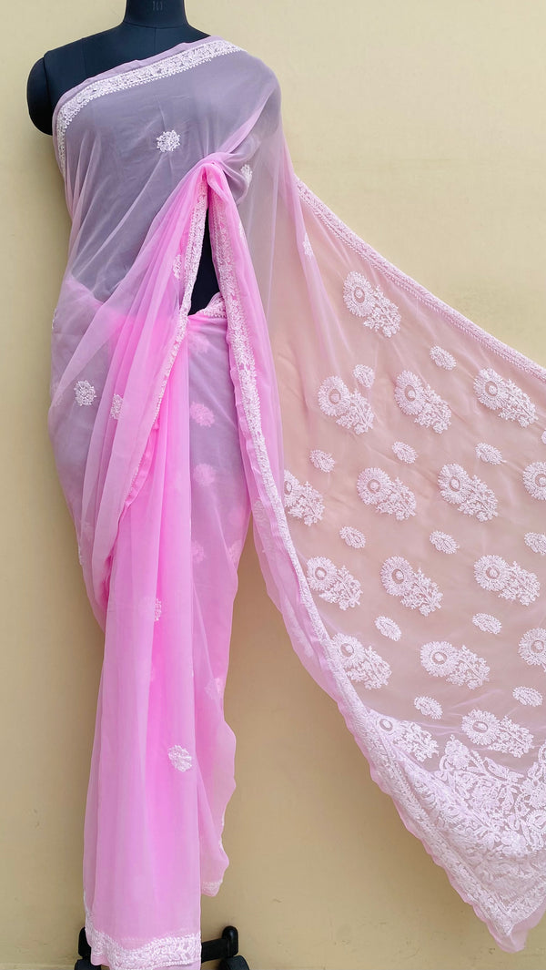 Lucknowi Chikankari Saree Pink Georgette