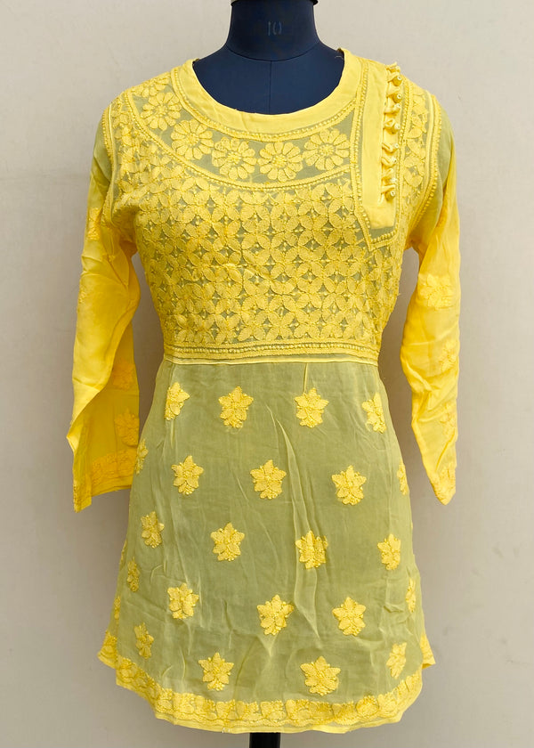 Lucknowi Chikankari Short Kurti Yellow Pure Georgette