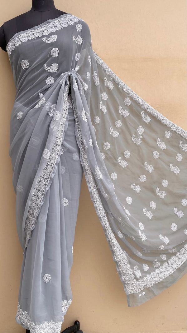 Lucknowi Chikankari Saree Gray Georgette