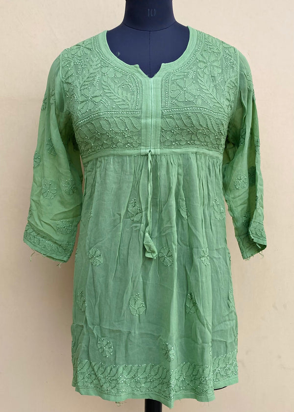 Lucknowi Chikankari Short Kurti Green Pure Georgette With Resham Work