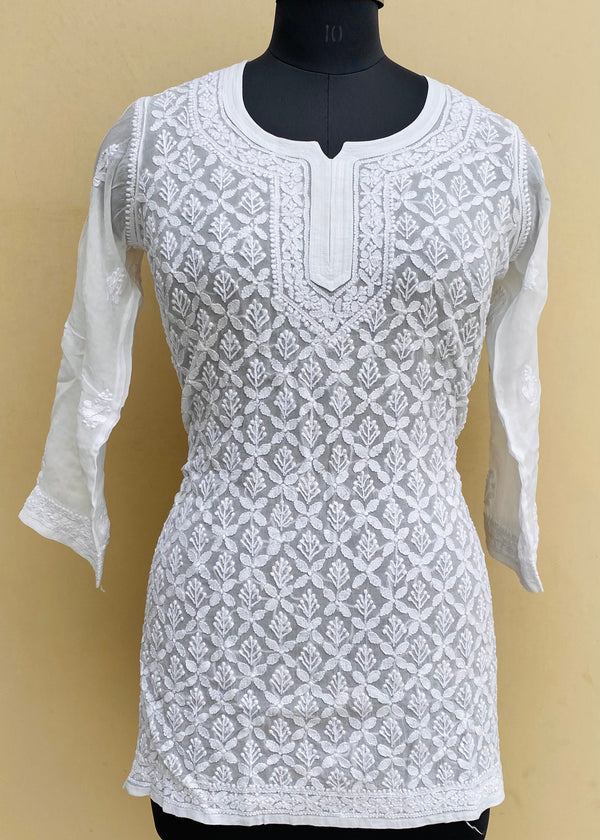 Lucknowi Chikankari Short Kurti White Pure Georgette