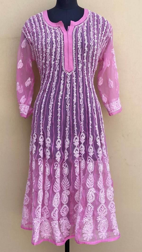 Lucknowi Chikankari Anarkali Kurti Pink Georgette