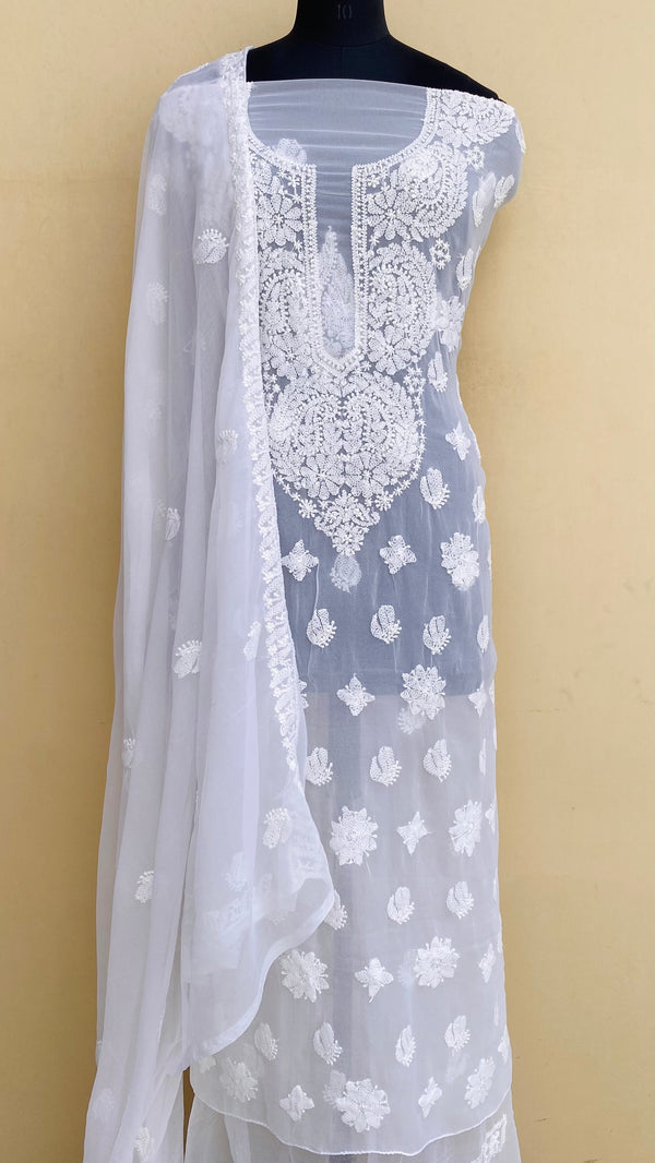 Lucknowi Chikankari Suit Length 3 Piece White Georgette