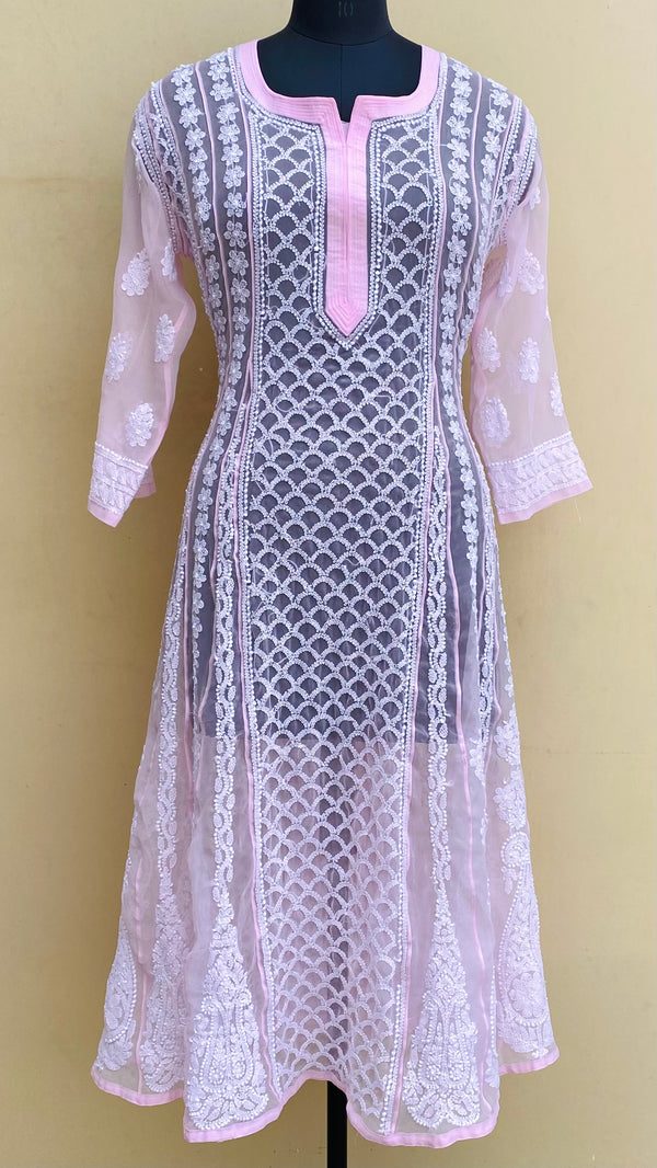 Lucknowi Chikankari Anarkali Kurti Pink Georgette