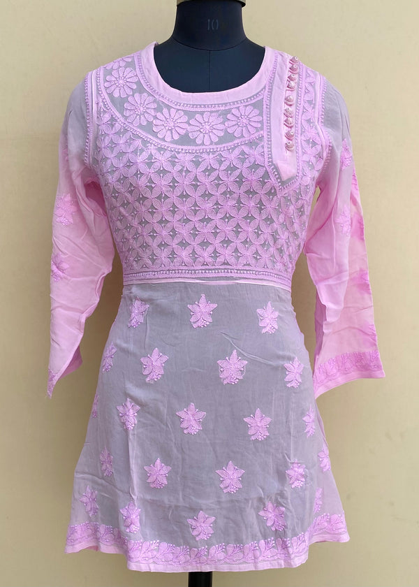 Lucknowi Chikankari Short Kurti Pink Pure Georgette