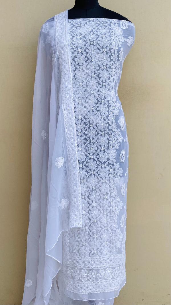 Lucknowi Chikankari Suit Length 3 Piece White Georgette