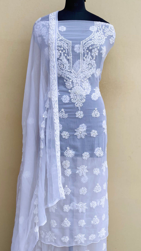 Lucknowi Chikankari Suit Length 3 Piece White Georgette