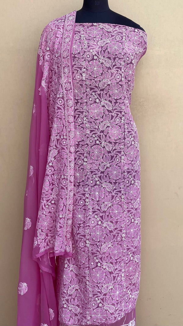 Lucknowi Chikankari Suit Length 3 Piece Pink Georgette