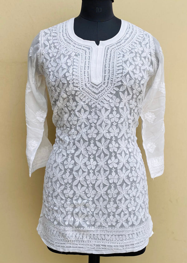 Lucknowi Chikankari Short Kurti White Pure Georgette