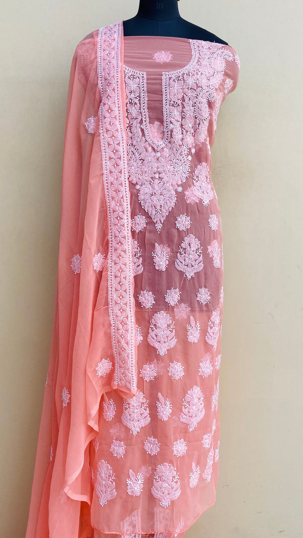 Lucknowi Chikankari Suit Length 3 Piece Peach Georgette