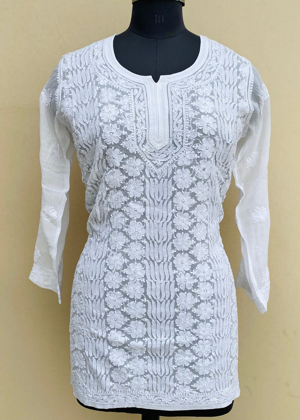 Lucknowi Chikankari Short Kurti White Pure Georgette