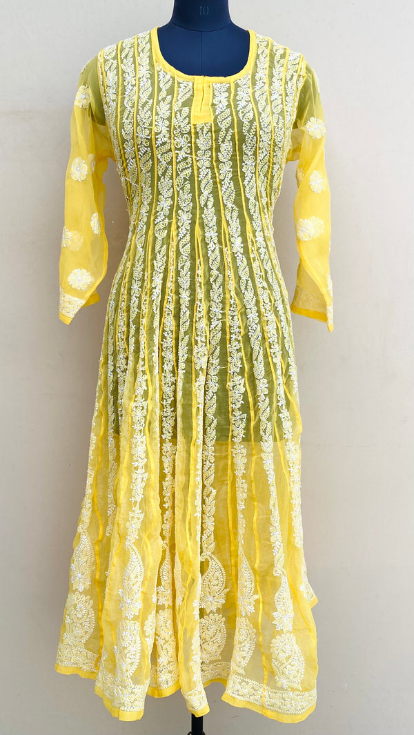 Lucknowi Chikankari Anarkali Kurti Yellow Georgette