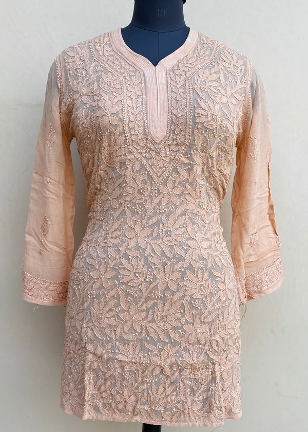 Lucknowi Chikankari Short Kurti Beige Pure Georgette With Resham Work