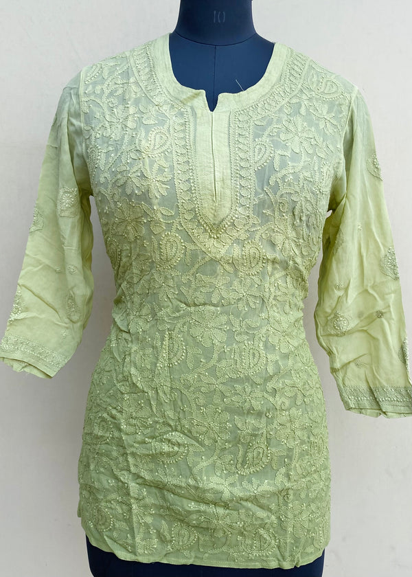 Lucknowi Chikankari Ombre Short Kurti Pista Green Pure Georgette With Self 3D Work