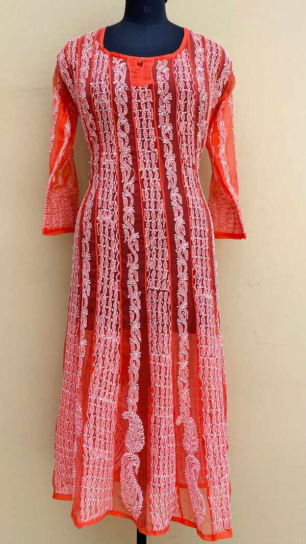 Lucknowi Chikankari Anarkali Kurti Orange Georgette