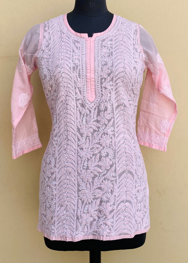 Lucknowi Chikankari Short Kurti Pink Mulmul Cotton