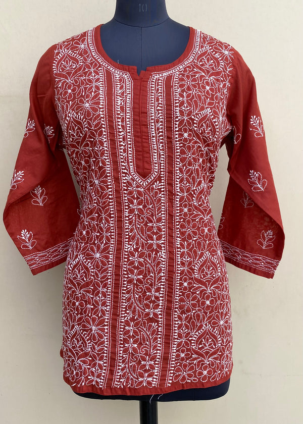 Lucknowi Chikankari Short Kurti Maroon Mulmul Cotton