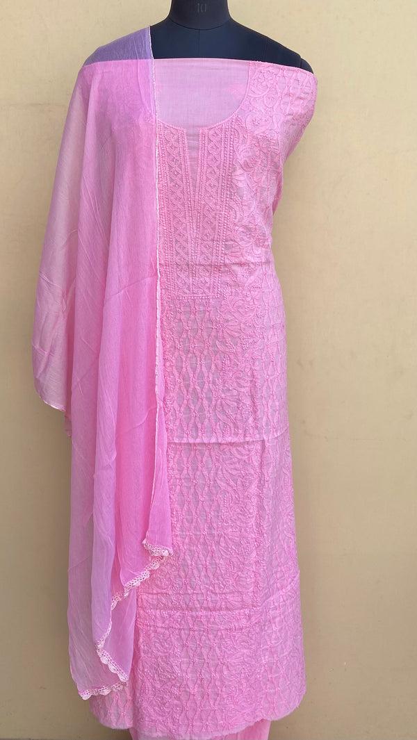 Lucknowi Chikankari Suit Length 3 Piece Pink Mulmul Cotton