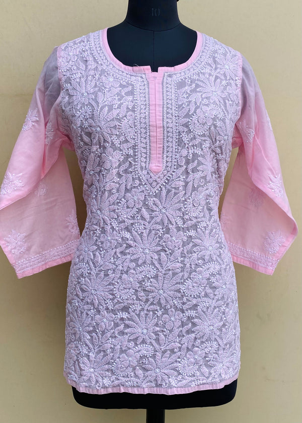 Lucknowi Chikankari Short Kurti Pink Mulmul Cotton