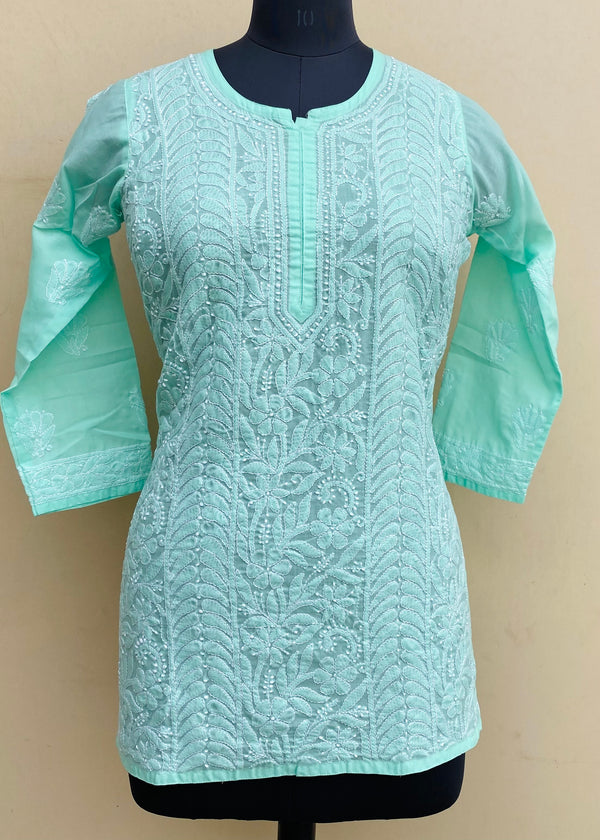 Lucknowi Chikankari Short Kurti Sea Green Mulmul Cotton
