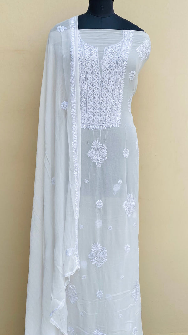 Lucknowi Chikankari Suit Length 2 Piece White Pure Georgette With Cutdana & Sequence Work