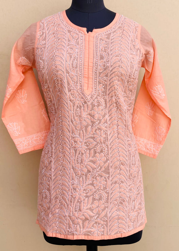 Lucknowi Chikankari Short Kurti Peach Mulmul Cotton