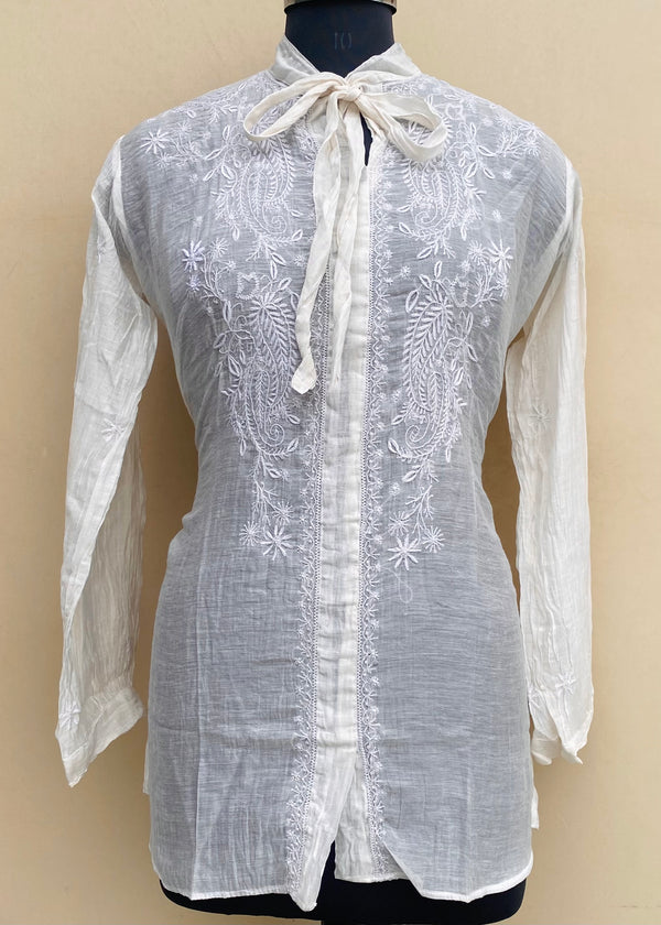 Lucknowi Chikankari Short Kurti Off White Mal Chanderi