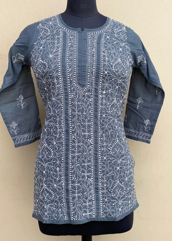 Lucknowi Chikankari Short Kurti Gray Mulmul Cotton