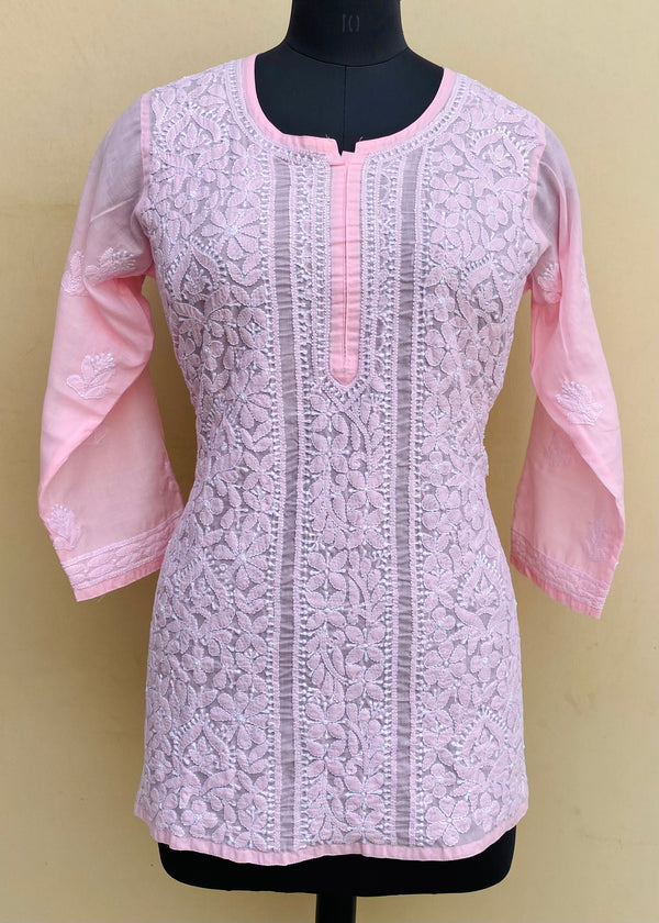 Lucknowi Chikankari Short Kurti Pink Mulmul Cotton