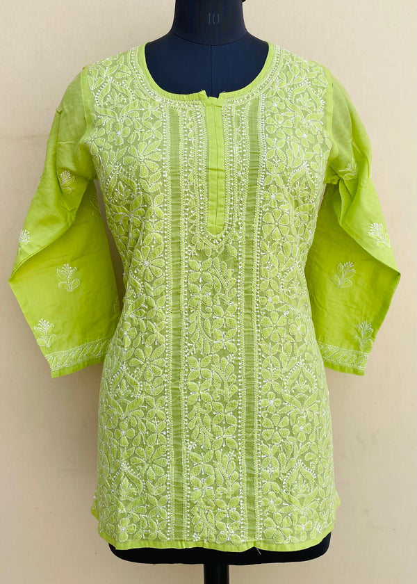 Lucknowi Chikankari Short Kurti Parrot Green Mulmul Cotton