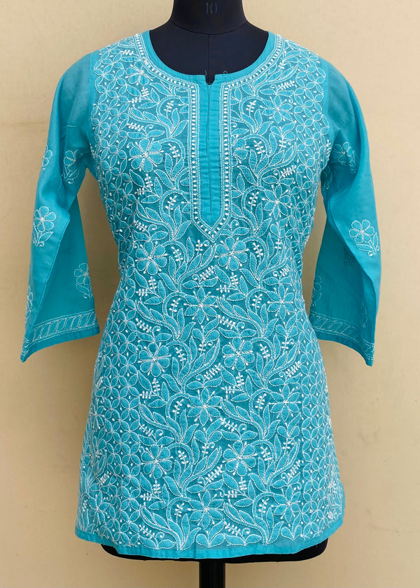 Lucknowi Chikankari Short Kurti Blue Mulmul Cotton