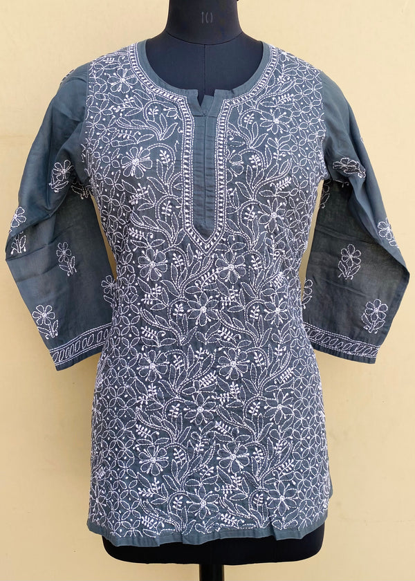 Lucknowi Chikankari Short Kurti Gray Mulmul Cotton