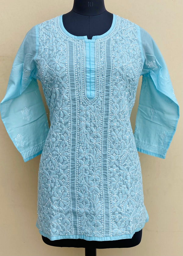 Lucknowi Chikankari Short Kurti Blue Mulmul Cotton