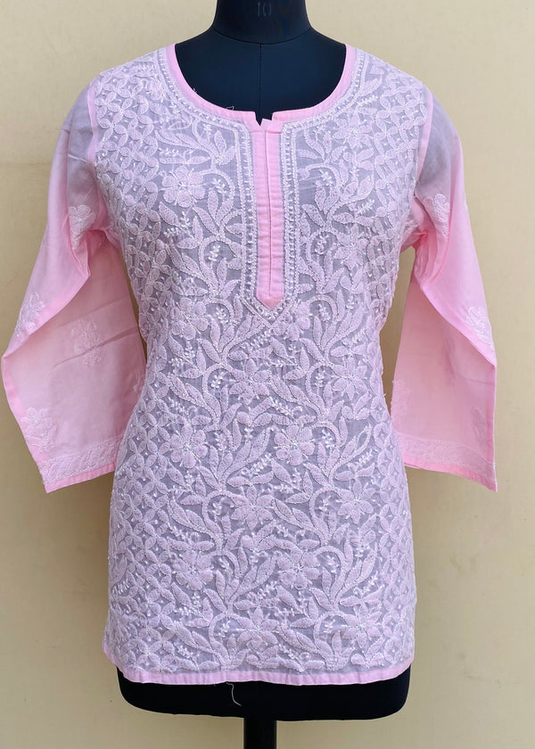 Lucknowi Chikankari Short Kurti Pink Mulmul Cotton