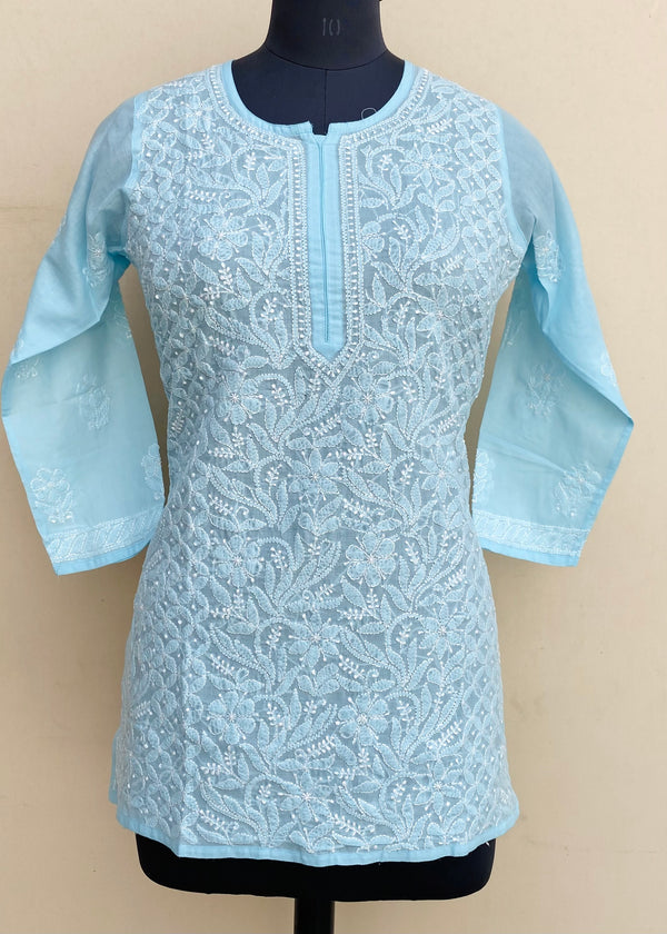 Lucknowi Chikankari Short Kurti Blue Mulmul Cotton