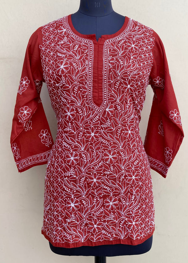 Lucknowi Chikankari Short Kurti Maroon Mulmul Cotton