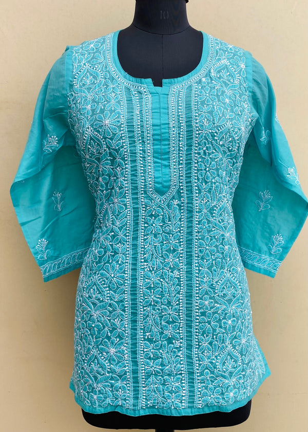 Lucknowi Chikankari Short Kurti Blue Mulmul Cotton