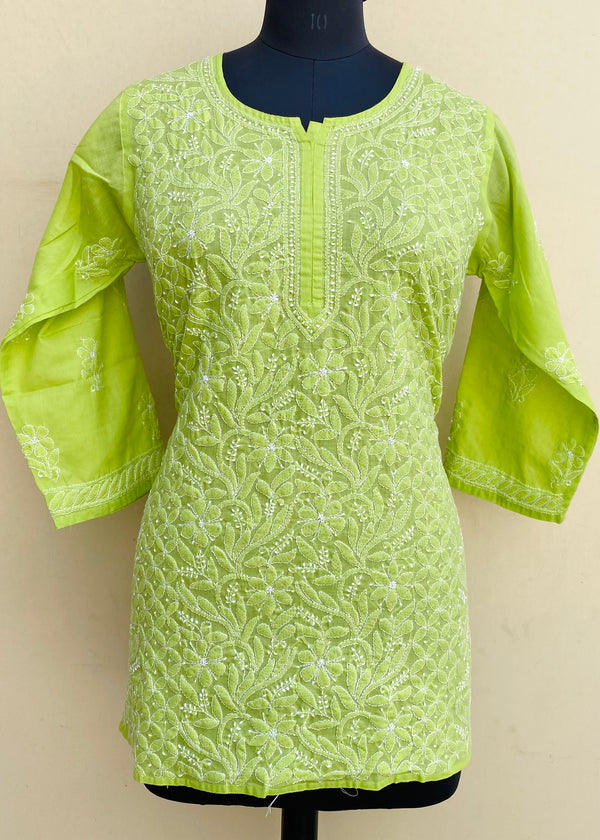 Lucknowi Chikankari Short Kurti Parrot Green Mulmul Cotton