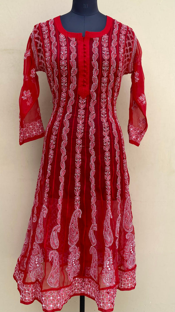 Lucknowi Chikankari Anarkali Kurti Red Georgette