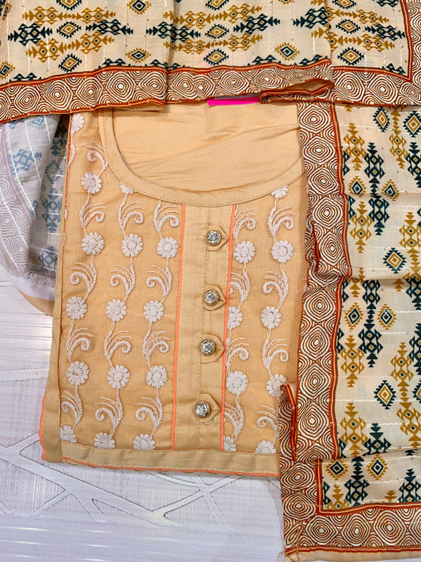 Designer Embroidered Suit Length 3 Piece Beige Mal Cotton