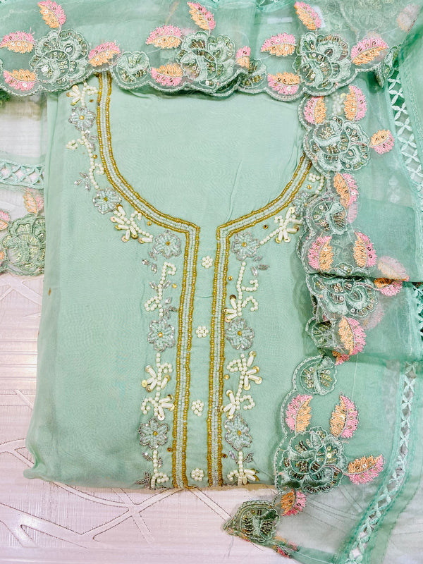 Designer Embroidered Suit Length 3 Piece Green Organza