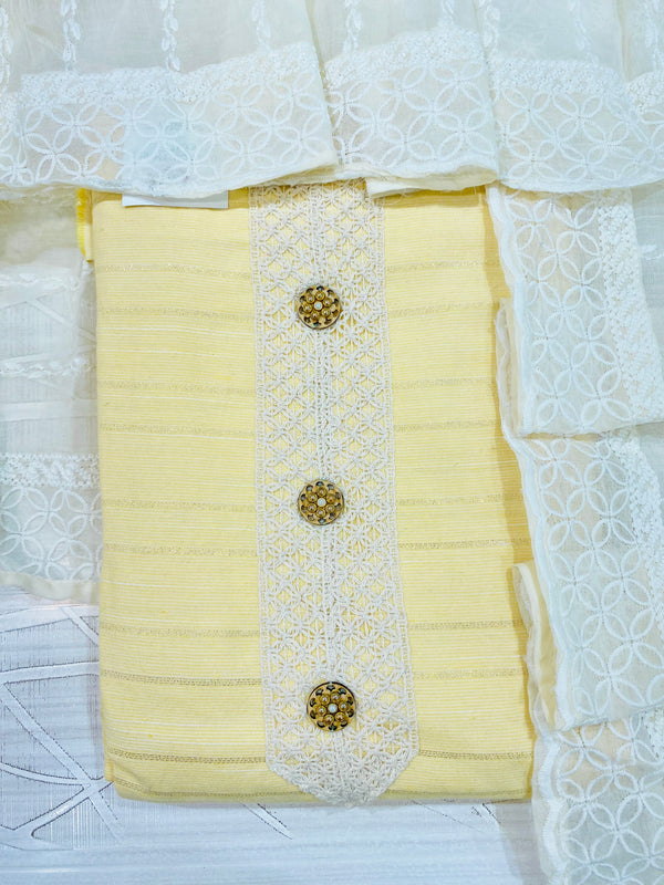 Designer Embroidered Suit Length 3 Piece Yellow Cotton