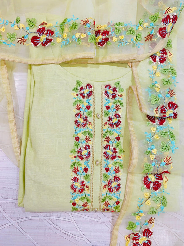 Designer Embroidered Suit Length 3 Piece Pista Green Mal Cotton