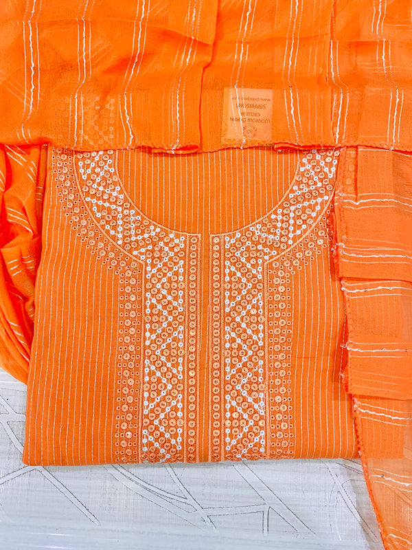 Designer Embroidered Suit Length 3 Piece Orange Mal Cotton