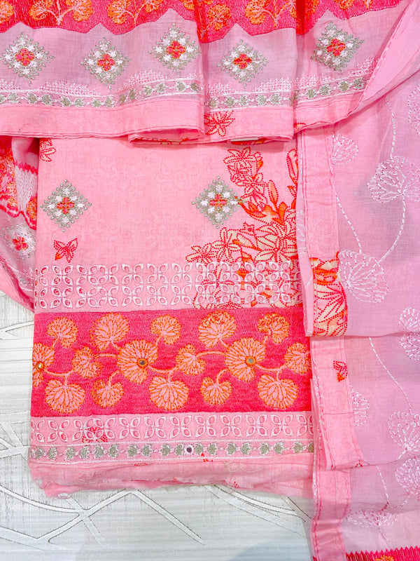 Designer Embroidered Suit Length 3 Piece Pink Mal Cotton